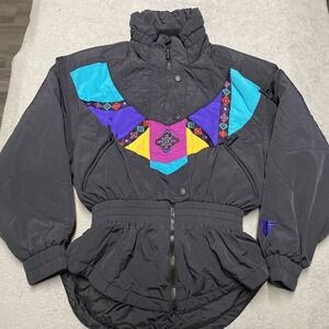 Vintage Tyrolia Ski Jacket Womens 8 Tribal Aztec Cinch Waist 90s Colorful